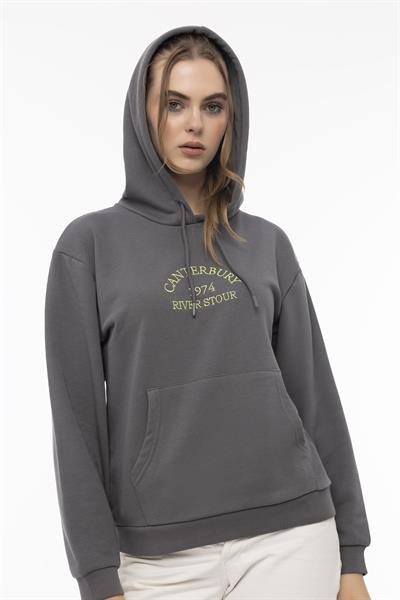 Kadın 3 İplik Şardonsuz Kapüşonlu Sweatshirt Füme