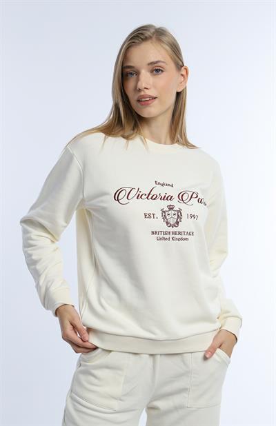 Kadın 3 İplik Şardonsuz United Kingdom Nakışlı Sweatshirt Bordo