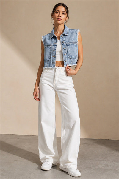 Kadın Açık Mavi Acid Wash Püskül Detaylı Kolsuz Crop Denim Yelek