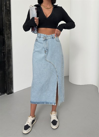 Kadın Açık Mavi Yüksek Bel Asimetrik Kesim Yırtmaçlı Midi Jean Etek