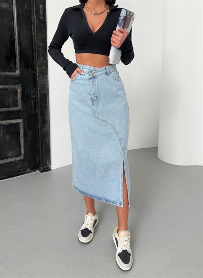 Kadın Açık Mavi Yüksek Bel Asimetrik Kesim Yırtmaçlı Midi Jean Etek