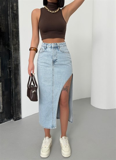 Kadın Açık Mavi Yüksek Bel Asimetrik Kesim Yırtmaçlı Midi Jean Etek