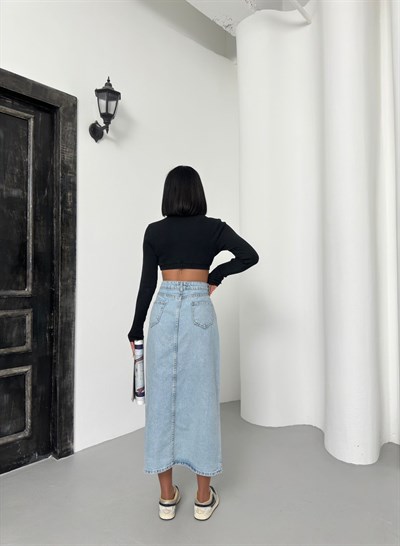 Kadın Açık Mavi Yüksek Bel Asimetrik Kesim Yırtmaçlı Midi Jean Etek
