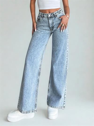 Kadın Açık Mavi Yüksek Bel Bol Paça Kot Pantolon Jeans