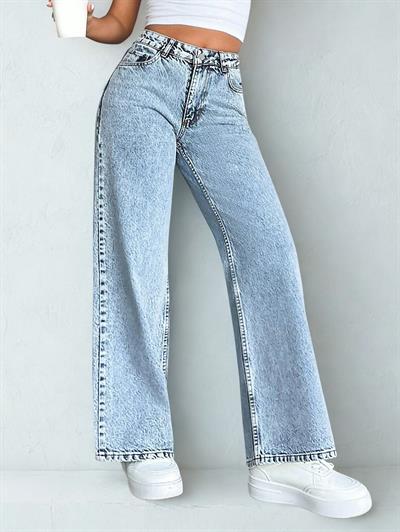 Kadın Açık Mavi Yüksek Bel Bol Paça Kot Pantolon Jeans