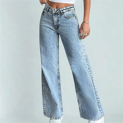 Kadın Açık Mavi Yüksek Bel Bol Paça Kot Pantolon Jeans