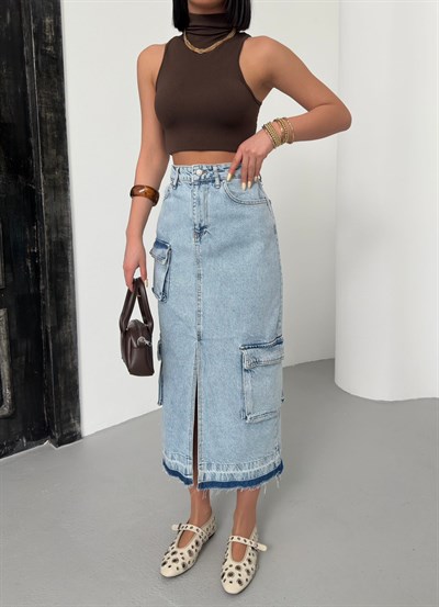 Kadın Açık Mavi Yüksek Bel Kargo Cepli Yırtmaçlı Midi Jean Etek