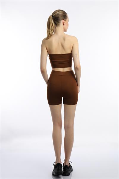 Kadın Allegro Kumaş Askısız Crop Top Kahverengi
