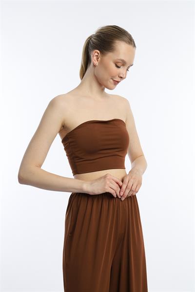 Kadın Allegro Kumaş Askısız Crop Top Kahverengi