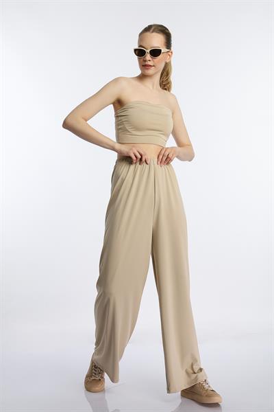 Kadın Allegro Kumaş Askısız Crop Top Vizon