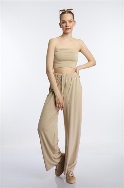 Kadın Allegro Kumaş Askısız Crop Top Vizon