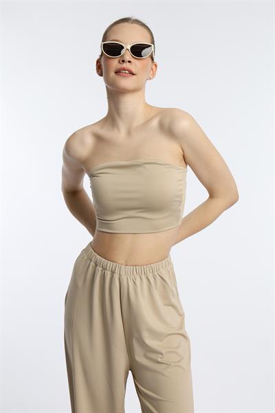 Kadın Allegro Kumaş Crop / Pantolon Takım Vizon