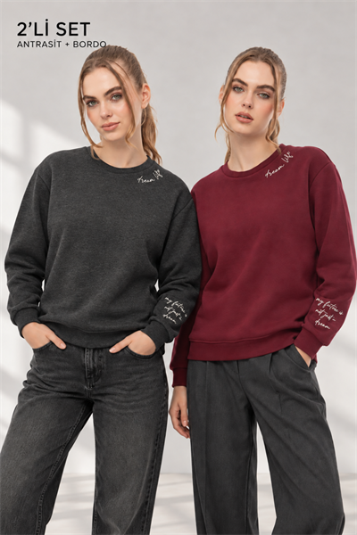 Kadın Antra Bordo 2’li Şardonlu Nakışlı Sweatshirt Seti