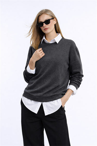 Kadın Antrasit 3 İplik Şardonsuz Bisiklet Yaka Regular Fit Sweatshirt