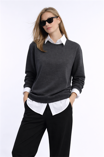 Kadın Antrasit 3 İplik Şardonsuz Bisiklet Yaka Regular Fit Sweatshirt