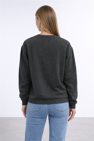 Kadın Antrasit Kalp Baskılı Regular Sweatshirt Günlük Rahat Basic Sweat