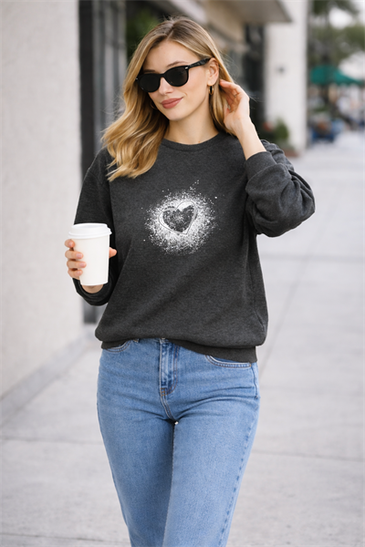 Kadın Antrasit Kalp Baskılı Regular Sweatshirt Günlük Rahat Basic Sweat