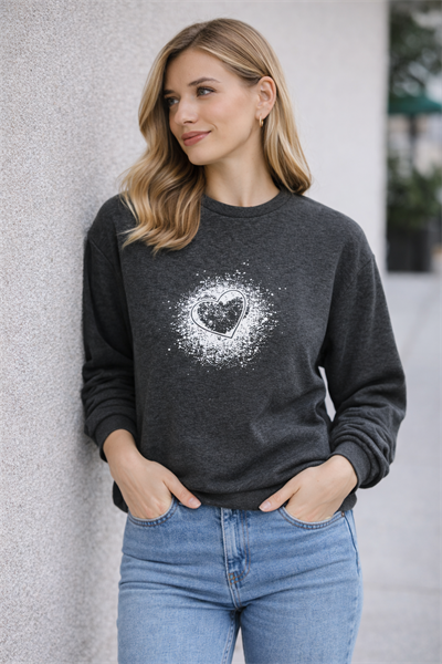 Kadın Antrasit Kalp Baskılı Regular Sweatshirt Günlük Rahat Basic Sweat
