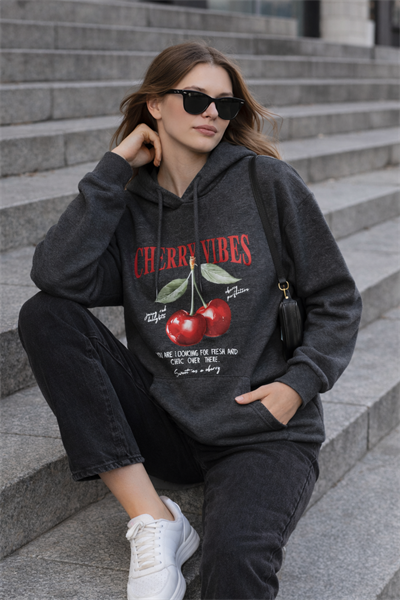 Kadın Antrasit Kiraz Baskılı Oversize Kapüşonlu Sweatshirt Hoodie