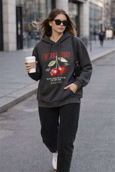 Kadın Antrasit Kiraz Baskılı Oversize Kapüşonlu Sweatshirt Hoodie