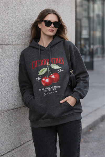 Kadın Antrasit Kiraz Baskılı Oversize Kapüşonlu Sweatshirt Hoodie