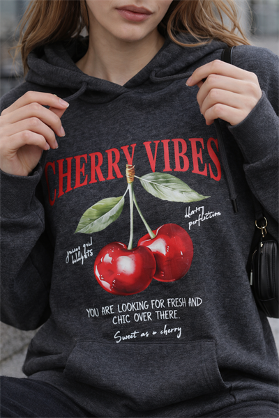 Kadın Antrasit Kiraz Baskılı Oversize Kapüşonlu Sweatshirt Hoodie