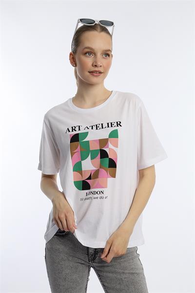 Kadın Art Atelier Baskılı Regular Fit Tişört Beyaz