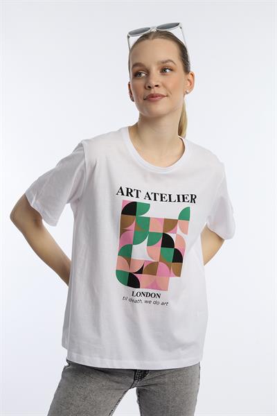 Kadın Art Atelier Baskılı Regular Fit Tişört Beyaz