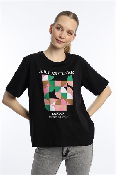 Kadın Art Atelier Baskılı Regular Fit Tişört Siyah