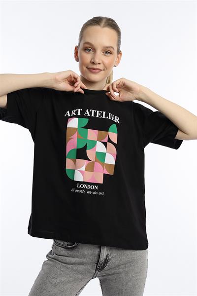 Kadın Art Atelier Baskılı Regular Fit Tişört Siyah