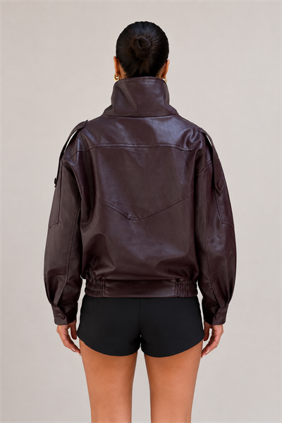 Kadın Asimetrik Kapamalı Dik Yaka Oversize Suni Deri Bomber Ceket - Bordo