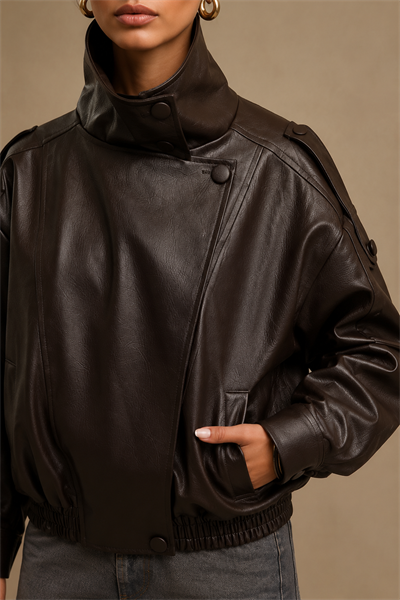 Kadın Asimetrik Kapamalı Dik Yaka Oversize Suni Deri Bomber Ceket - Kahve