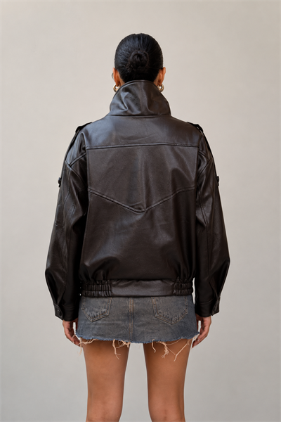 Kadın Asimetrik Kapamalı Dik Yaka Oversize Suni Deri Bomber Ceket - Kahve