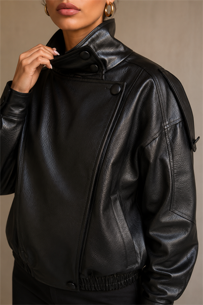 Kadın Asimetrik Kapamalı Dik Yaka Oversize Suni Deri Bomber Ceket - Siyah