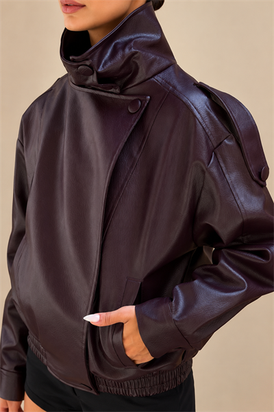 Kadın Asimetrik Kapamalı Dik Yaka Oversize Suni Deri Bomber Ceket - Bordo