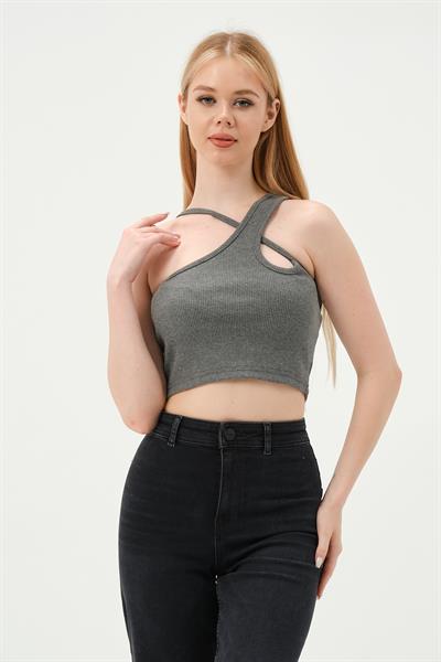 Kadın Askılı Crop Kaşkorse   Gri
