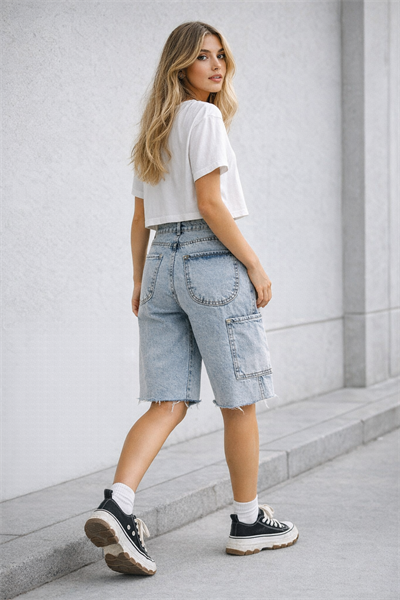 Kadın Baggy Fit Yırtık Detaylı Kargo Cepli Denim Bermuda Şort Açık Mavi