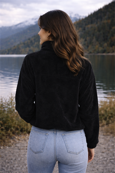 Kadın Balıkçı Yaka Yarım Fermuarlı Peluş Polar Sweatshirt Siyah