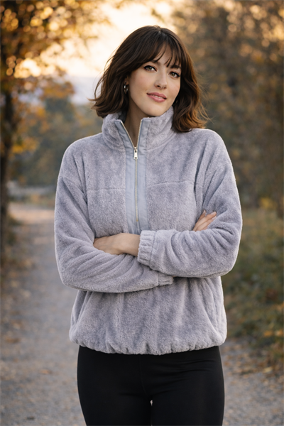 Kadın Balıkçı Yaka Yarım Fermuarlı Peluş Polar Sweatshirt Gri