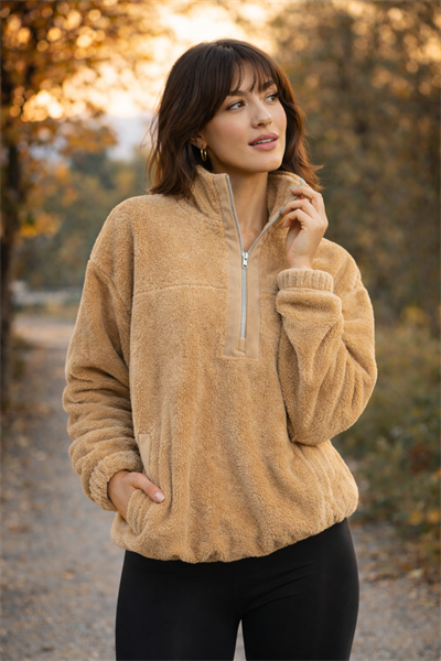 Kadın Balıkçı Yaka Yarım Fermuarlı Peluş Polar Sweatshirt Bej