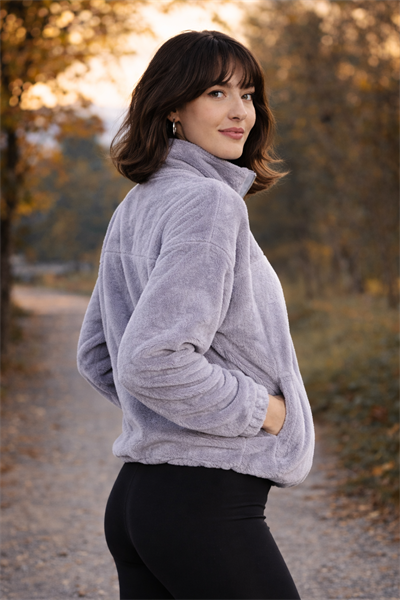 Kadın Balıkçı Yaka Yarım Fermuarlı Peluş Polar Sweatshirt Gri