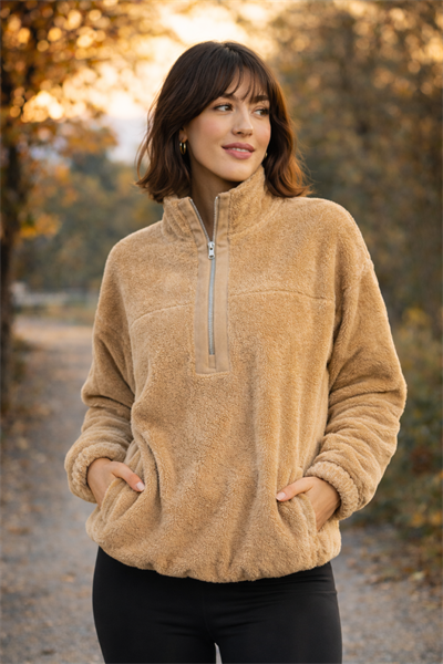 Kadın Balıkçı Yaka Yarım Fermuarlı Peluş Polar Sweatshirt Bej