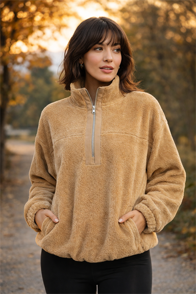 Kadın Balıkçı Yaka Yarım Fermuarlı Peluş Polar Sweatshirt Bej