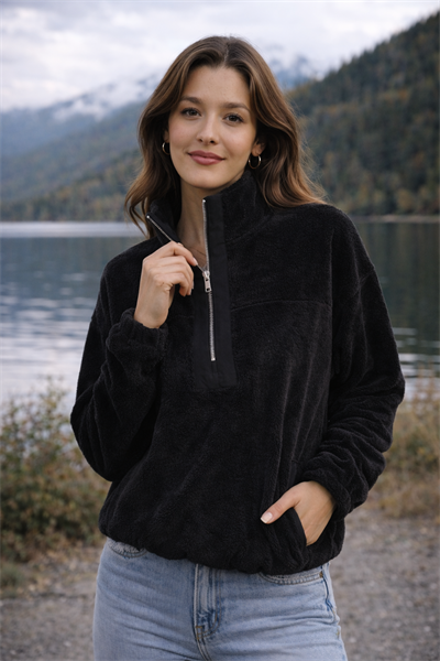 Kadın Balıkçı Yaka Yarım Fermuarlı Peluş Polar Sweatshirt Siyah