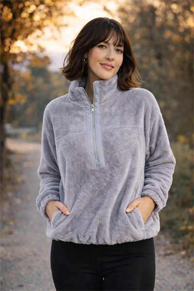 Kadın Balıkçı Yaka Yarım Fermuarlı Peluş Polar Sweatshirt Gri
