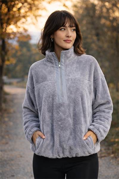 Kadın Balıkçı Yaka Yarım Fermuarlı Peluş Polar Sweatshirt Gri