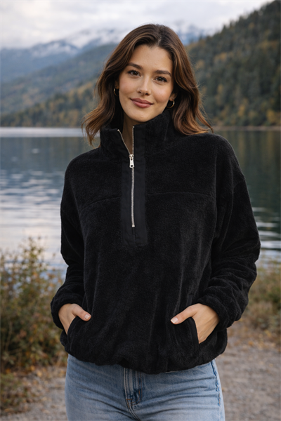 Kadın Balıkçı Yaka Yarım Fermuarlı Peluş Polar Sweatshirt Siyah