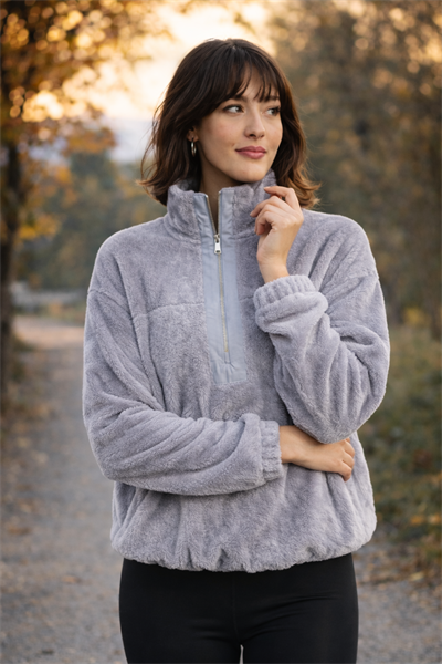 Kadın Balıkçı Yaka Yarım Fermuarlı Peluş Polar Sweatshirt Gri