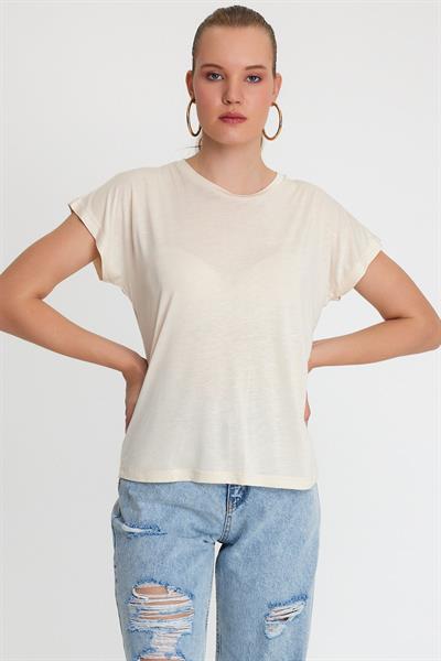 Kadın Bambu Kumaş Bisiklet Yaka T-shirt Bej