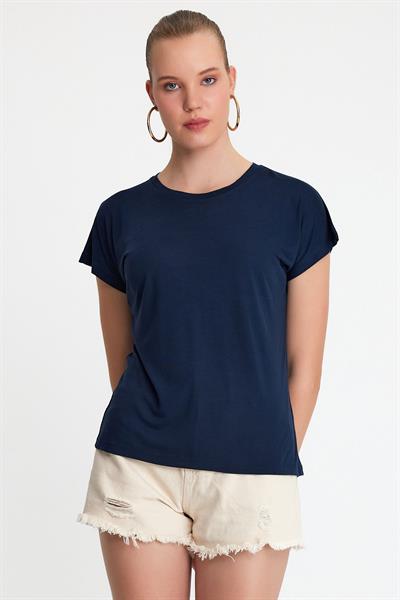 Kadın Bambu Kumaş Bisiklet Yaka T-shirt Lacivert